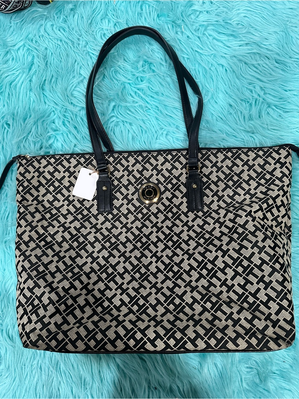 Tommy Hilfiger Black & Beige Patterned Tote with Top Handles